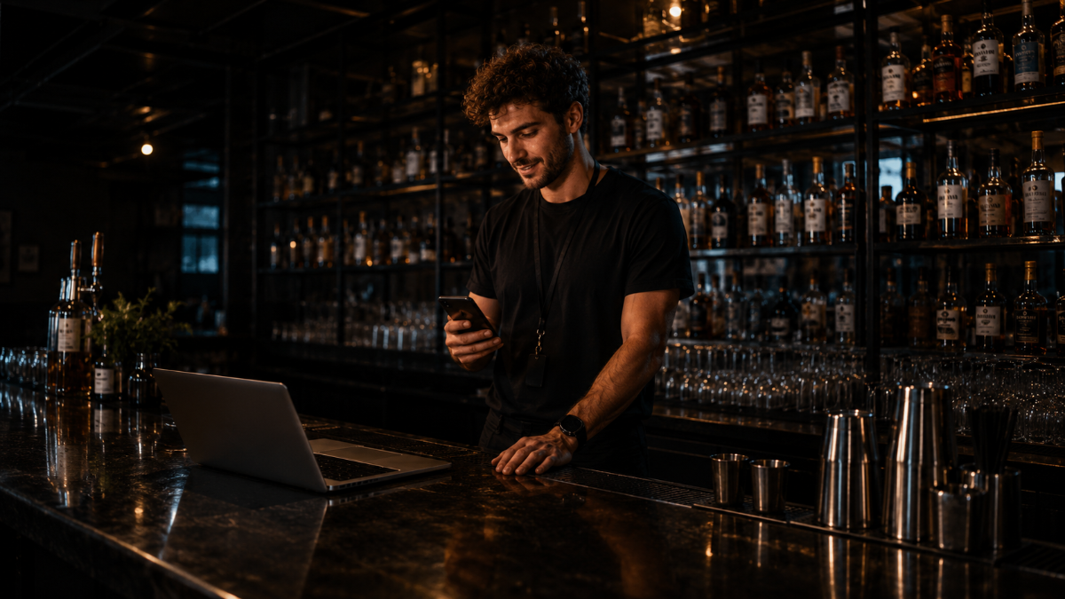 Persona usando ZIVOXIS con su teléfono y una laptop en la barra de un evento